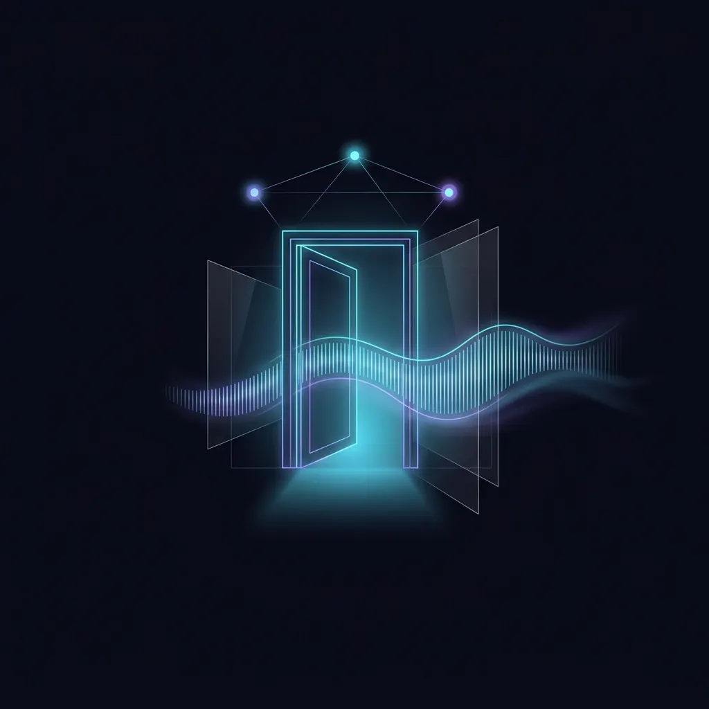An open doorway with a voice waveform flowing through it