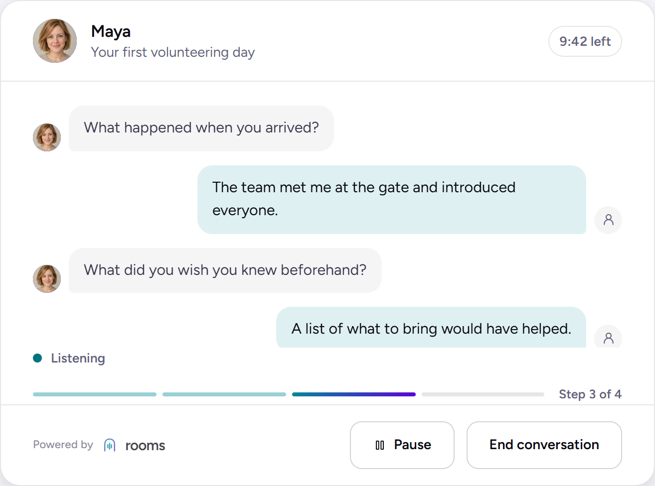 A sample participant tells Maya that a kit list would have helped before their volunteering session.