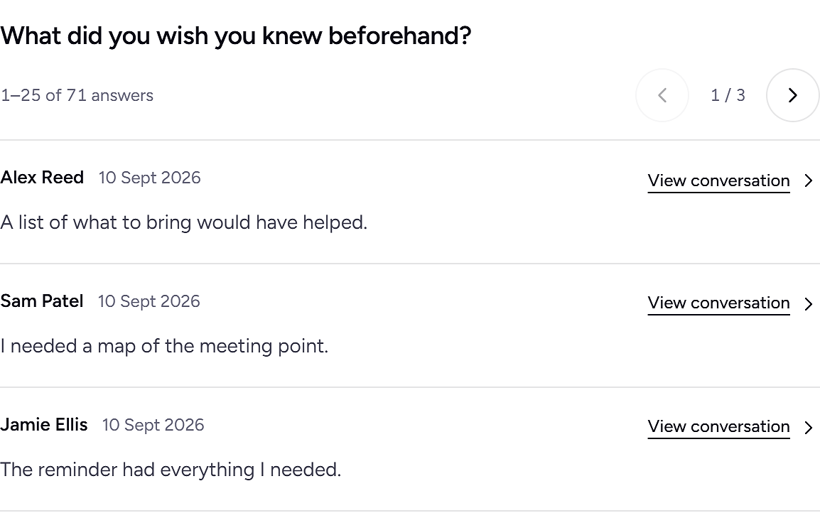Sample Rooms results: three participants explain what they wished they knew before their first volunteering session. Each answer links to the full conversation.